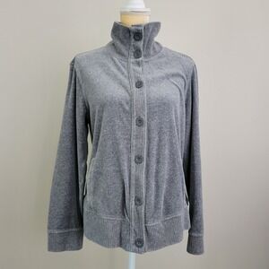 WHITE STAG Size Large Gray Velour Mock Neck Button Front Cardigan Sweater Jacket